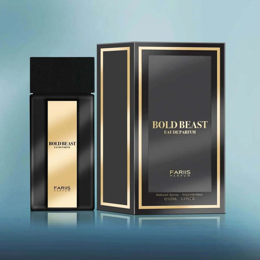 Zwarte rechthoekige bold beast edp parfumfles met gouden verticale streep en bijpassende doos van fariis