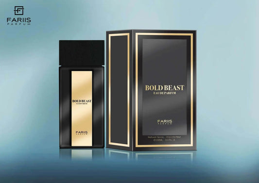 Black and gold bold beast eau de parfum bottle with sleek rectangular design from fariis parfum in bold beast edp