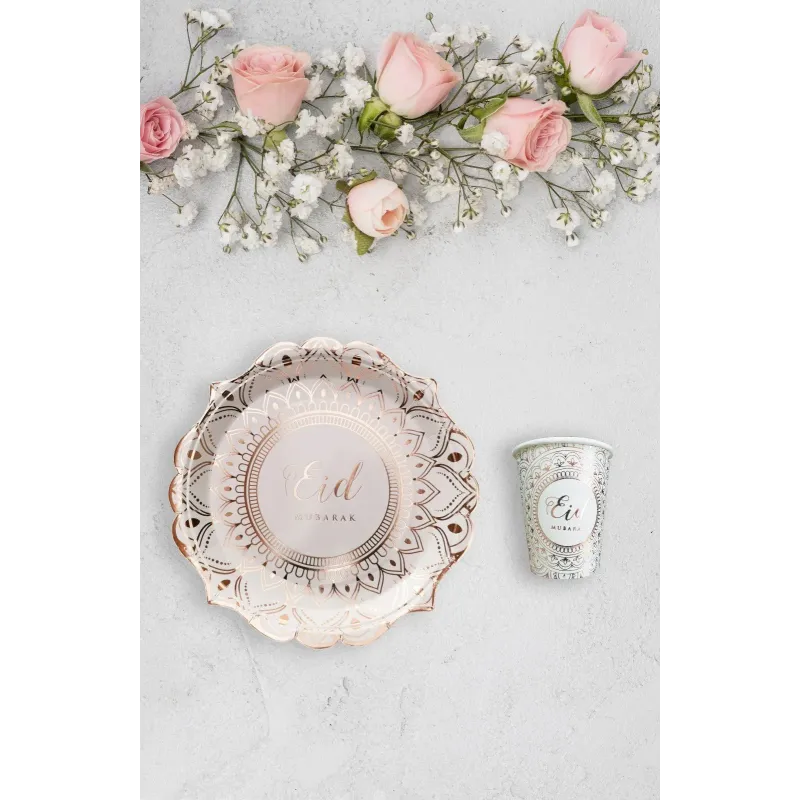 Delicaat gebloemrand papierbord met gouden en zwarte mandala’s en Eid Mubarak, Borden Desert Rose