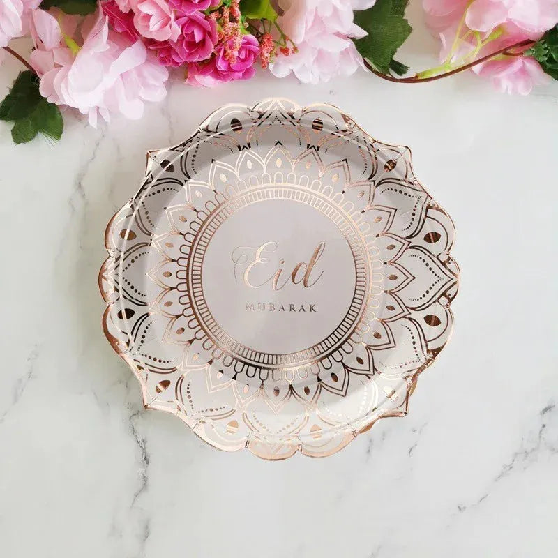 Delicaat wit papieren bord met rosegouden mandala en Eid Mubarak, Borden Desert Rose
