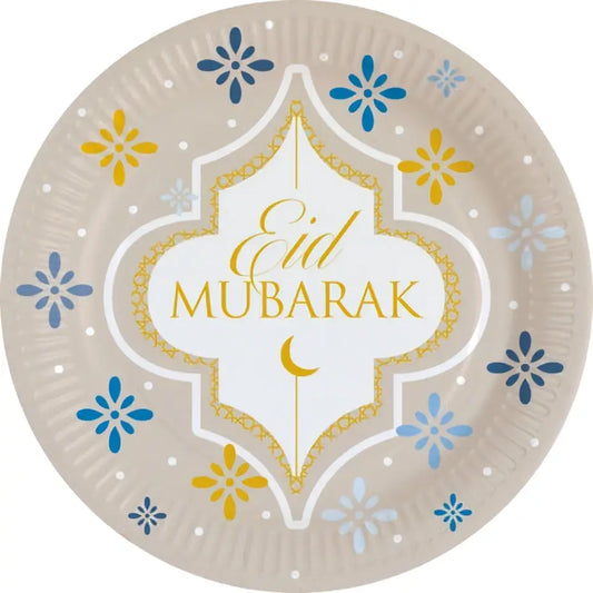 Beige papieren bord van borden eid mubarak eastern gold met gouden tekst en blauw gele bloemenpatronen 23 cm 8 stuks