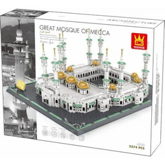 Bouwstenen model van de Grote Moskee van Mekka met echte Lego stenen en gouden koepels