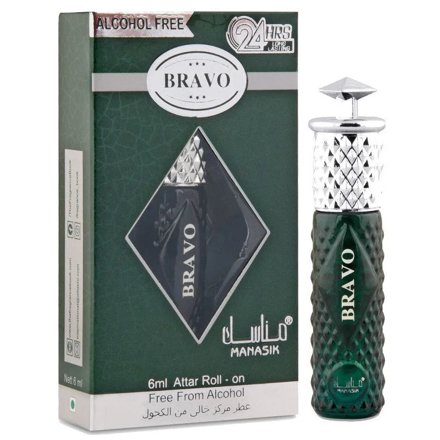 Groene glazen parfumfles met Bravo merk en diamanten patroon, manasik parfum