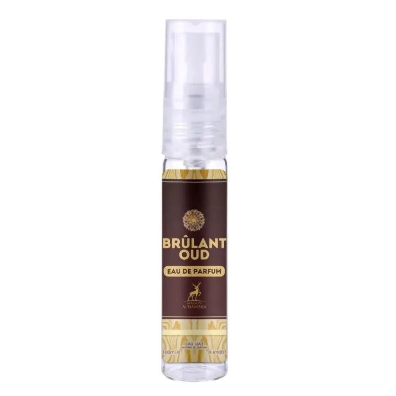 Bruine en gouden parfumfles van Brulant Oud met spuitmondje en productdetails