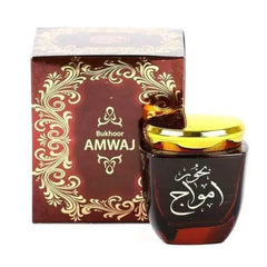 Decoratieve jar van Bukhoor Amwaj met burgundy en gouden verpakking