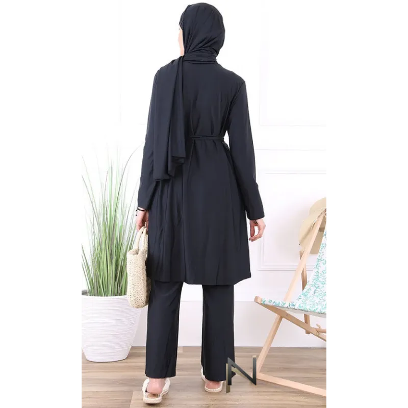 Zwarte burkini Lalouni met capuchon, riem en geweven stof