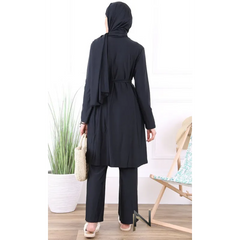 Zwarte burkini Lalouni met capuchon, riem en geweven stof