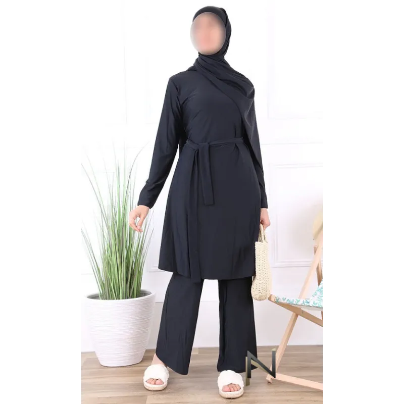 Zwarte abaya met riem en hijab set Burkini Lalouni, polyester of viscose