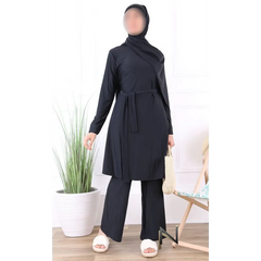 Zwarte abaya met riem en hijab set Burkini Lalouni, polyester of viscose