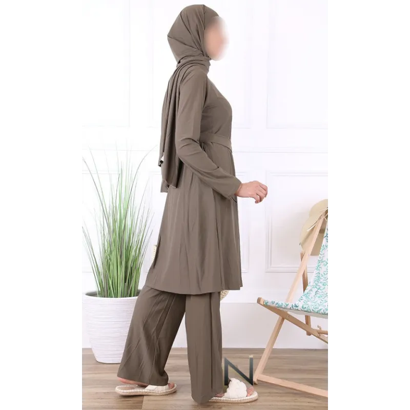 Olifgroene abaya met bijpassende hijab en broek van zachte katoenmix, Burkini Lalouni