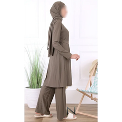 Olifgroene abaya met bijpassende hijab en broek van zachte katoenmix, Burkini Lalouni