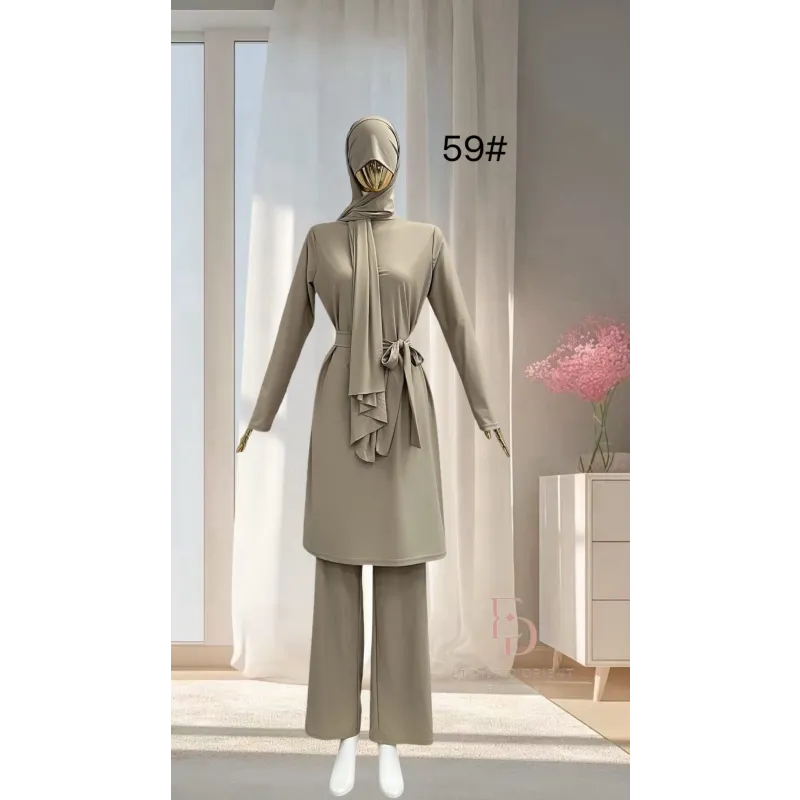 Beige hijab met strik en bijpassende broekset Burkini Lalouni