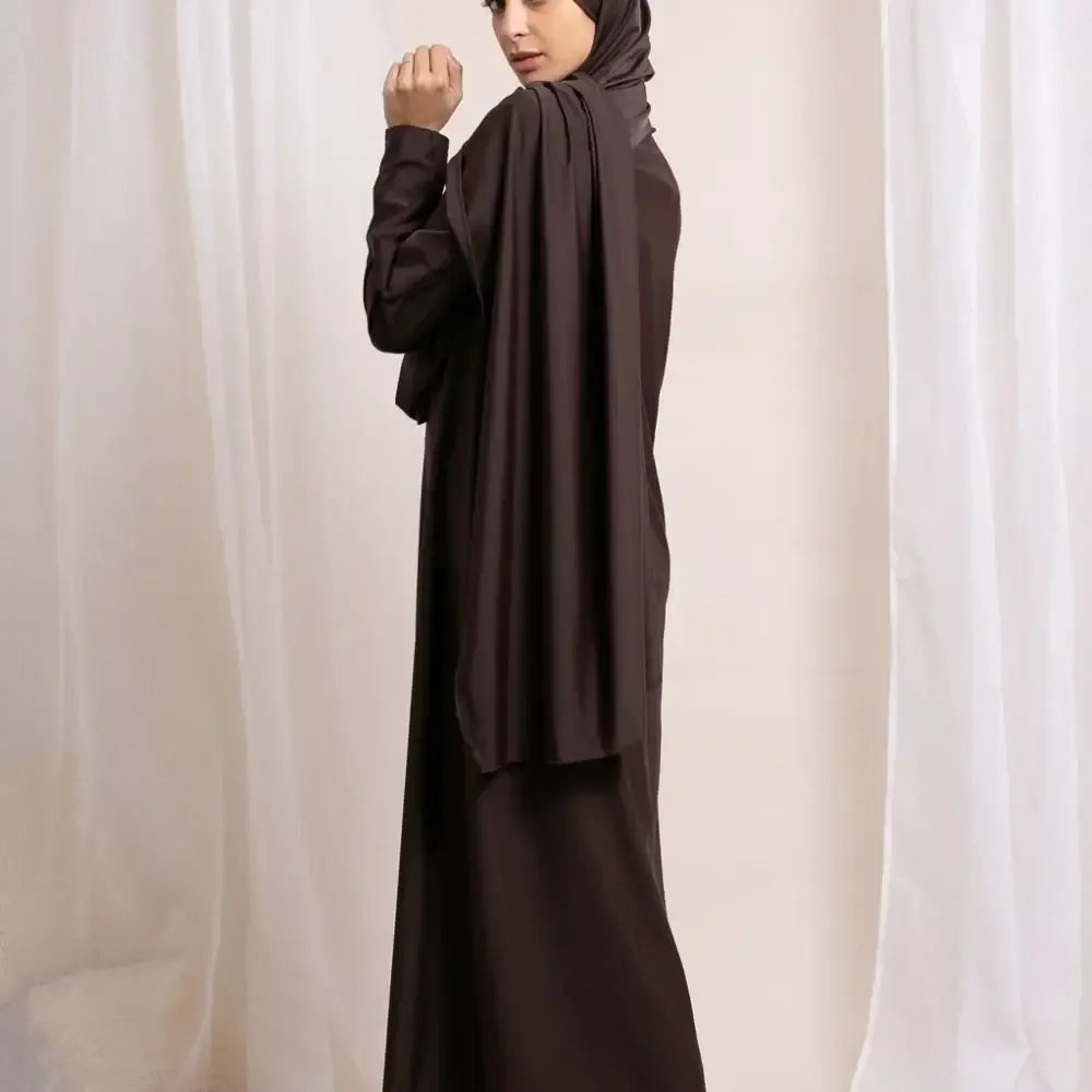 Zwarte abaya met capuchon en lange mouwen, zachte stof, Burkini Oulfa