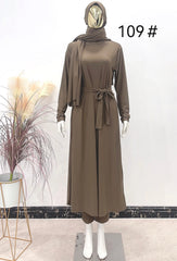 Mooie matte Burkini Oulfa: bruine abaya met hijab en riem van polyester