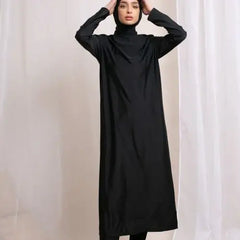 Mooie matte burkini Oulfa: zwarte abaya met hoge hals en lange mouwen