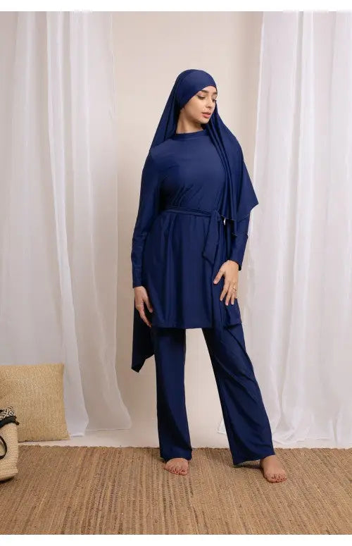 Navy blue modest model palazzo burkini with matching hijab and belt