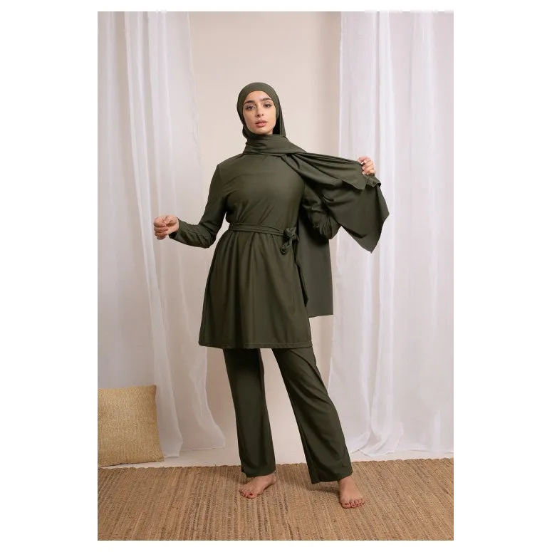 Olijfgroen model palazzo burkini met ceintuur en hijab, perfect voor elke gelegenheid