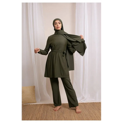 Olijfgroen model palazzo burkini met ceintuur en hijab, perfect voor elke gelegenheid