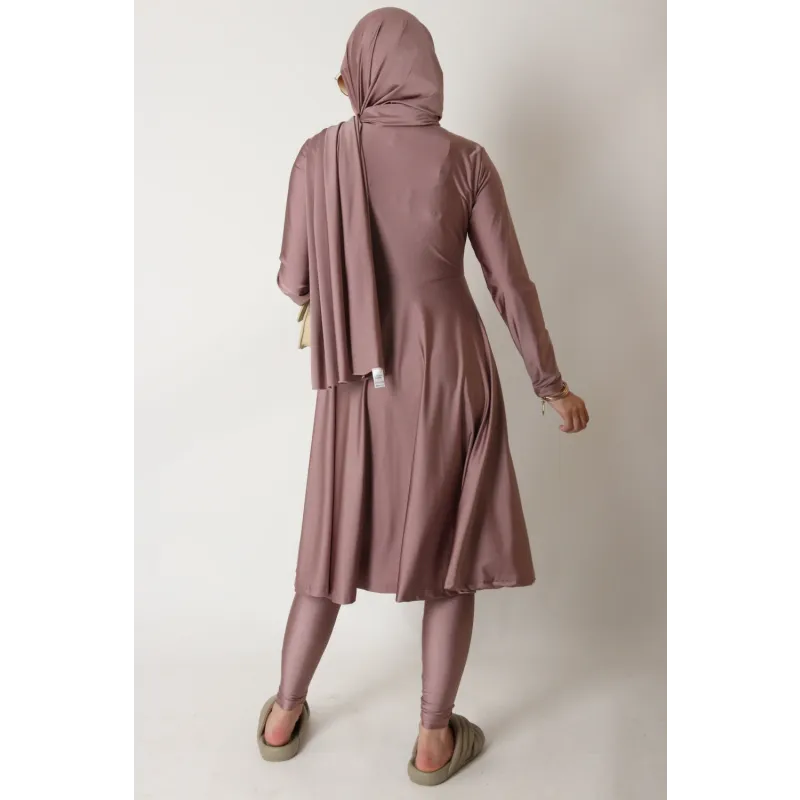 Mauve jersey abaya met bijpassende hijab en broek set, Burkini rits (lang)