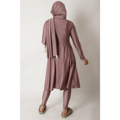 Mauve jersey abaya met bijpassende hijab en broek set, Burkini rits (lang)