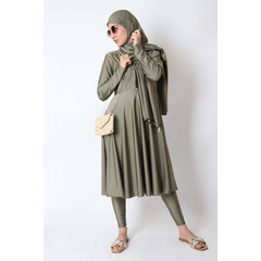 Olijfgroene hijab met plooien en bijpassende broek, beige crossbody tas voor Burkini rits (lang)