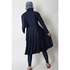 Marineblauwe geplooide burkini jas met hoge kraag en asymmetrisch design