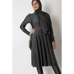 Zwarte leren jurk met hijab en leggings, Burkini rits (lang)