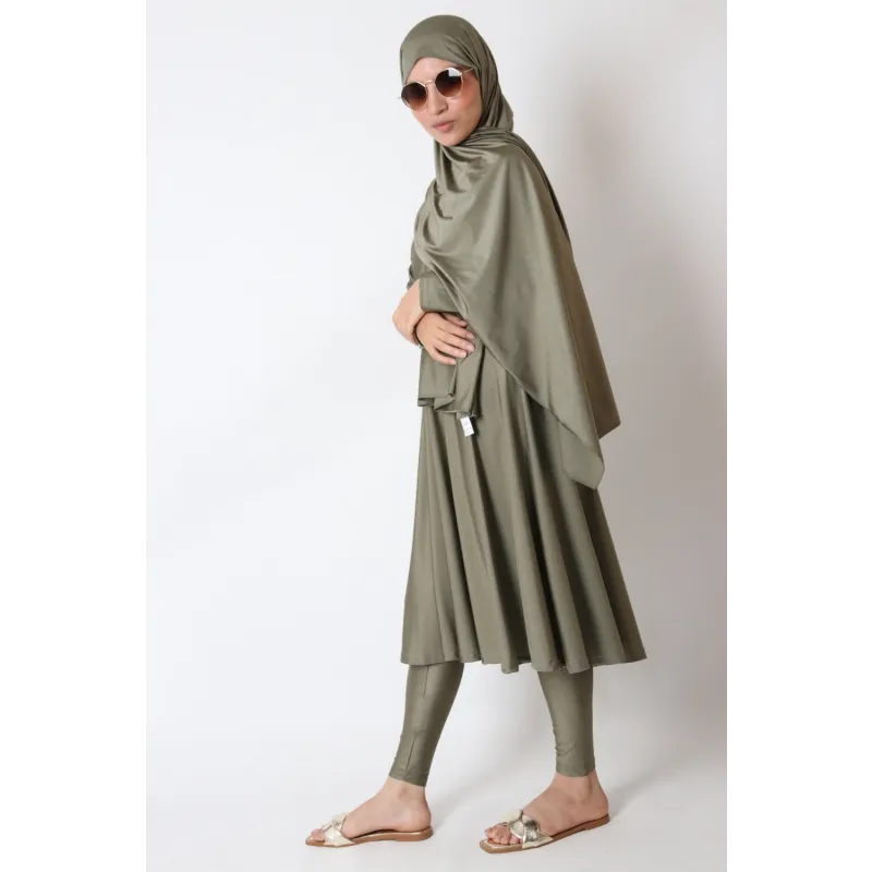 Olivegroene hijab met draperend design en bijpassende leggings, casual Burkini Rits (lang)