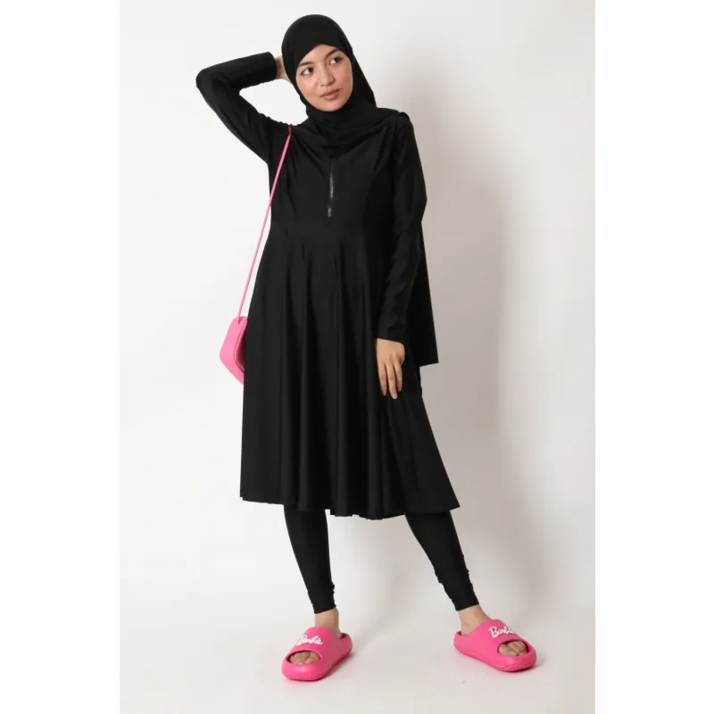 Zwarte rits abaya met hijab en roze accessoires in Burkini rits (lang)