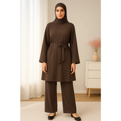 Bruine Burkini Smahane met wijde broek en riem, bescheiden zwemkleding