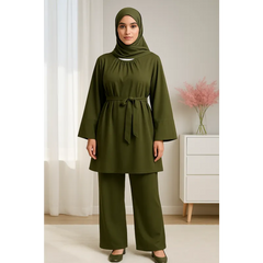Modest swimwear Burkini Smahane met olijfgroene hijab en wijde broek