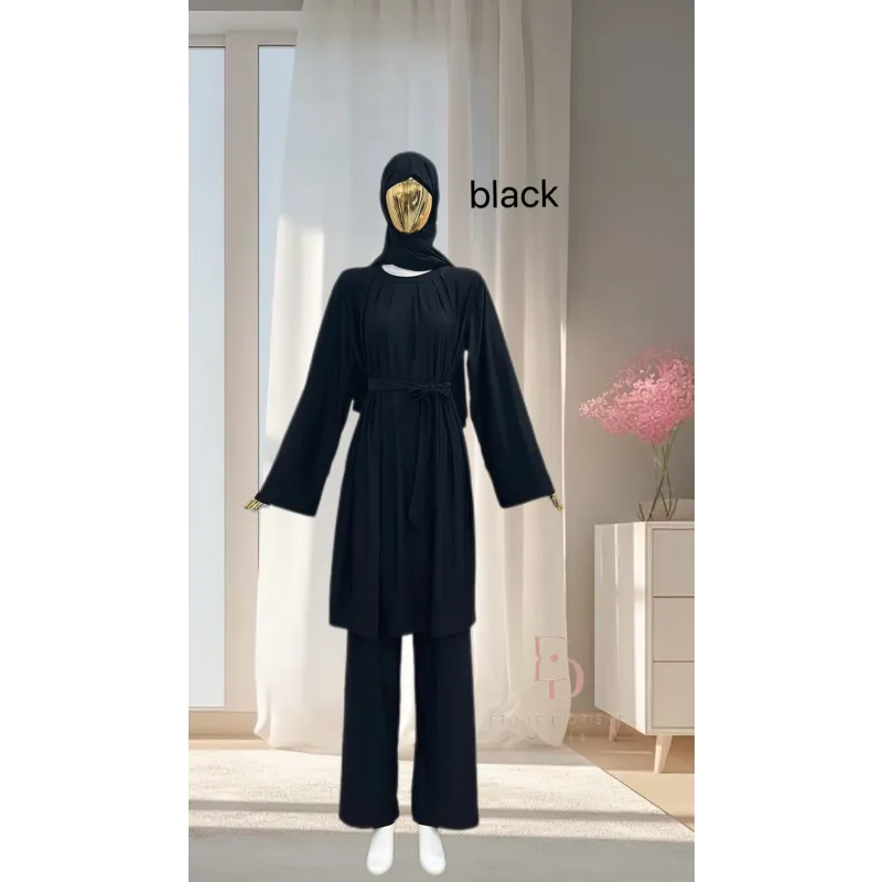 Zwarte geplooide abaya met klokkende mouwen en hijab voor Burkini Smahane, bescheiden zwemkleding