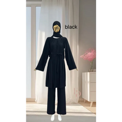 Zwarte geplooide abaya met klokkende mouwen en hijab voor Burkini Smahane, bescheiden zwemkleding