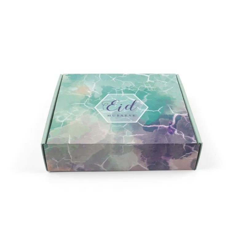 Cadeaudoos Eid Mubarak watercolour teal purple marmeren cadeauverpakking met Eid Mubarak tekst