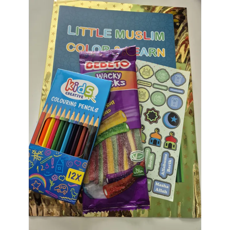Een levendig blauwe doos cadeaupakket color and learn met 12 creatieve kleurpotloden met regenboogkleurige punten en speelse tekeningen