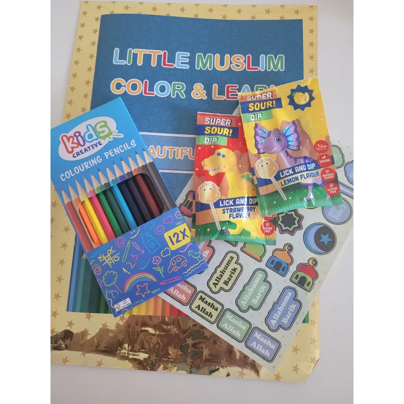 Cadeaupakket Color and Learn met kleurboek, potloden, stickers en snoep, pakket bevat plezier