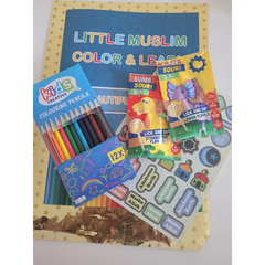 Cadeaupakket Color and Learn met kleurboek, potloden, stickers en snoep, pakket bevat plezier