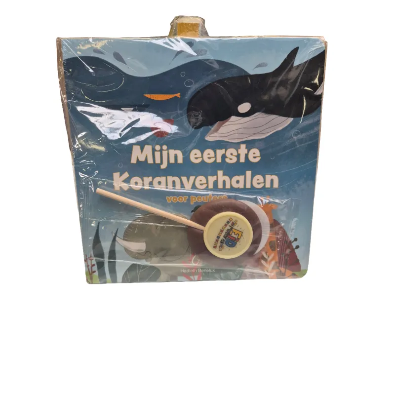 Cadeaupakket peuters met blauwe walvis kinderboek en houten drum speelset