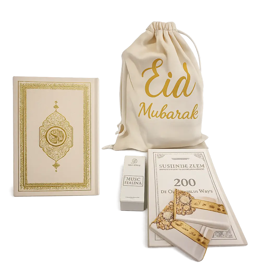 Creamkleurige drawstring tas van beige velvet met gouden egal eid mubarak tekst cadeaupakketje beige velvet