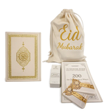 Creamkleurige drawstring tas van beige velvet met gouden egal eid mubarak tekst cadeaupakketje beige velvet