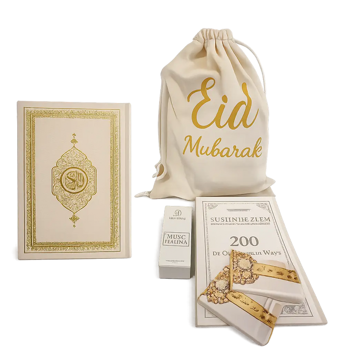 Creamkleurige drawstring tas van beige velvet met gouden egal eid mubarak tekst cadeaupakketje beige velvet
