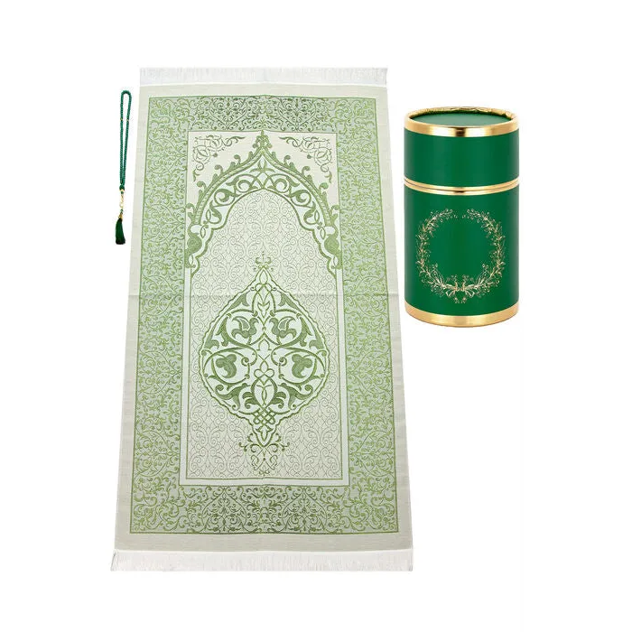 Prayer mat with light green and white Islamic patterns for Cadeauset gebed cilinder