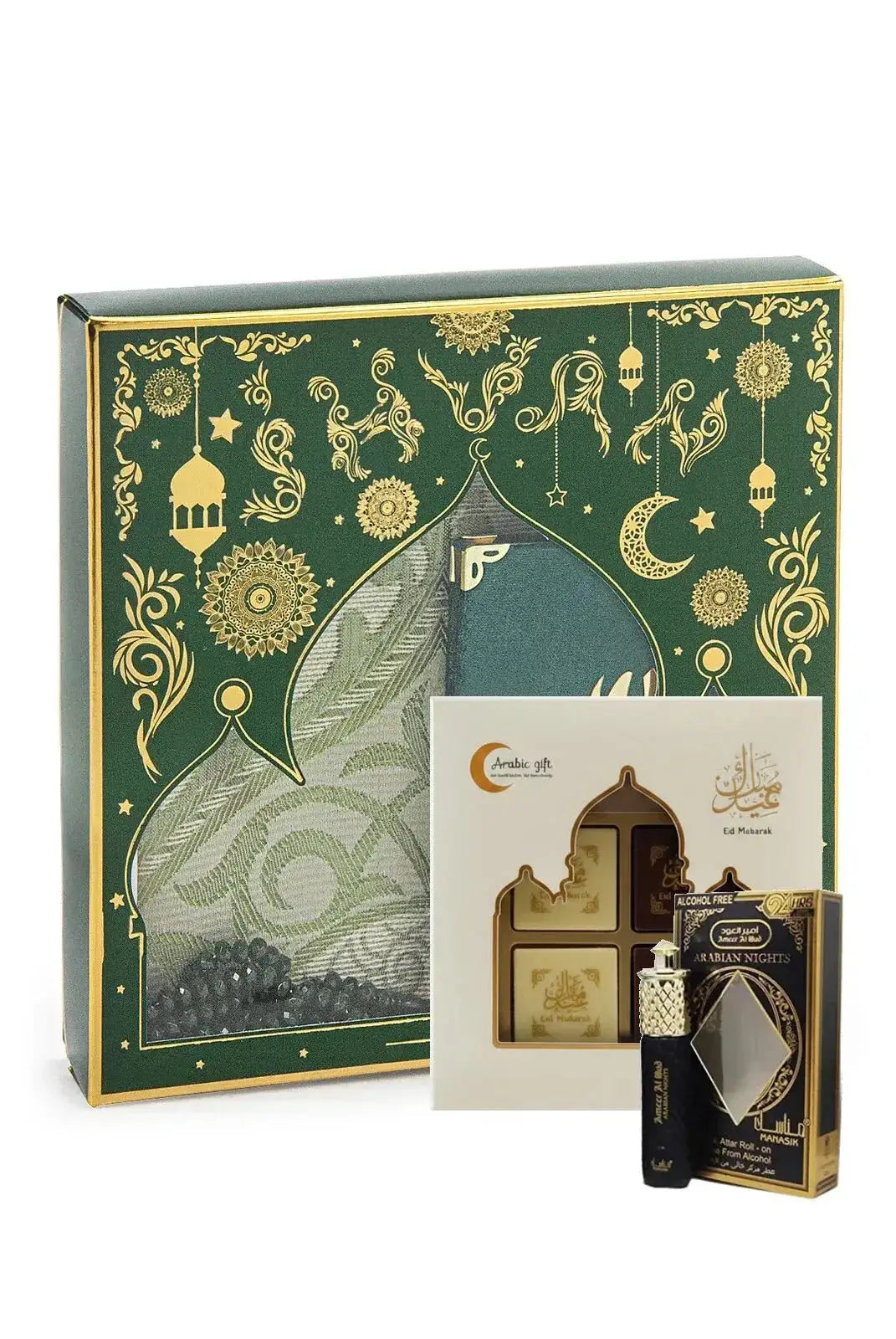 Groene en gouden sierlijke cadeauset lovely met islamitisch ontwerp van lantaarns maantjes en bloemmotieven