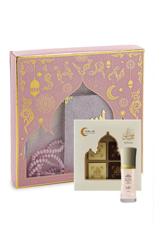 Cadeauset lovely heren en dames met roze en gouden sierlijke doos, grijs gebedskleed, roze kralen tasbih en parfumflesje