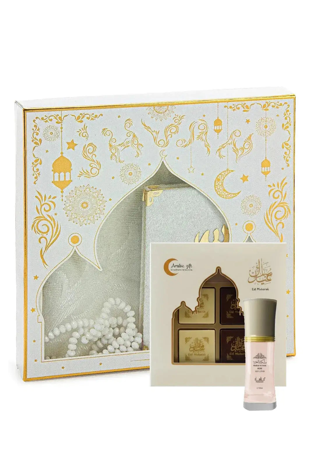 Elegante cadeauset lovely heren en dames met witte en gouden doos islamitische motieven zilveren rozenkrans roze parfum en chocolade