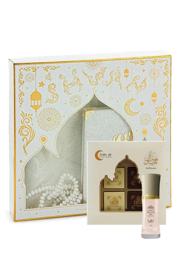 Elegante cadeauset lovely heren en dames met witte en gouden doos islamitische motieven zilveren rozenkrans roze parfum en chocolade