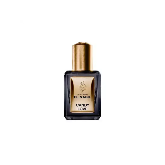Een slanke, donker glazen parfumfles met gouden dop en etiket van maison el nabil voor candy love geur