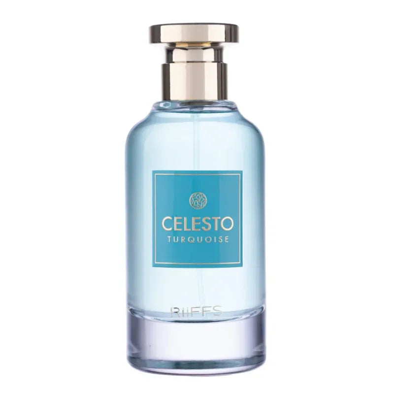 Lightblauwe parfumfles met gouden dop voor Celesta Turquoise geurproduct