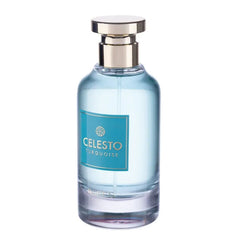 Celesta Turquoise parfumfles met lichtblauwe kleur, gouden dop en turquoise label
