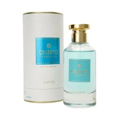 Celesta Turquoise parfumfles met gouden dop en bijpassende cilindervormige doos